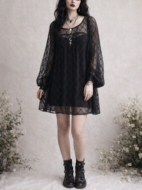 Vintage ABS Allen Schwartz Sheer Silk Layering Shift Dress Whimsigoth Goth Mesh